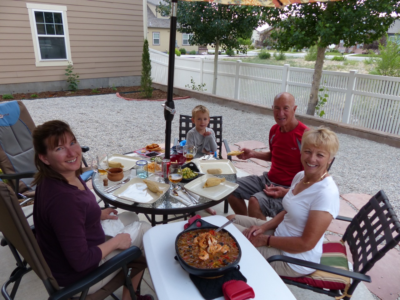 Sparks family eating dinner outside in Salida