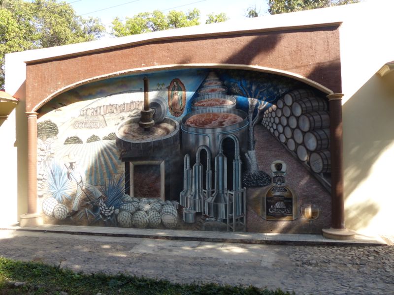 A mural depicting the making of tequila. Notice that the Virgin Mary oversees the process, presumably to ensure quality. Perhaps in other ways she was not a virgin at all?